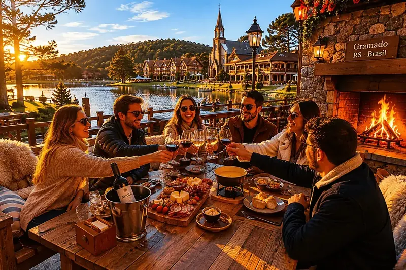 Grupo brindando ao pôr do sol em Gramado